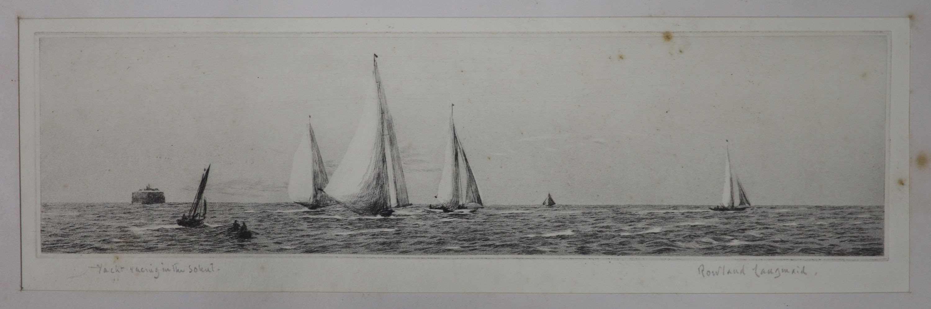 Rowland Langmaid (1897-1956), drypoint etching, Yacht racing in the Solent, signed in pencil, 8.5 x 32cm